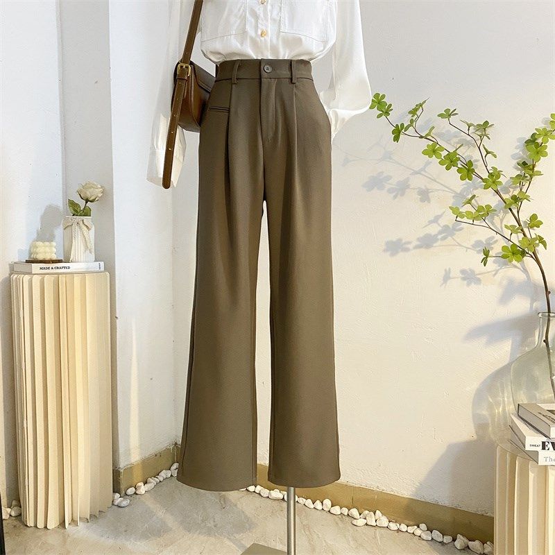 高级感深灰色西装裤女秋宽松高腰直筒窄版阔腿裤垂感拖地休闲西裤