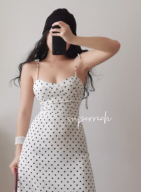 SUP法式复古绑带吊带波点连衣裙甜美修身收腰显瘦A字裙度假短裙女