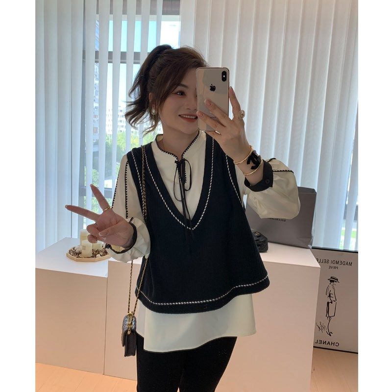 【胖佳佳】品味在线 系带长袖衬衫马甲撞色绣花两件套H624A10809