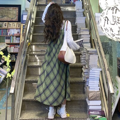 大码女装2024秋冬胖mm森系蕾丝打底上衣+绿斜格纹毛呢背带裙套装