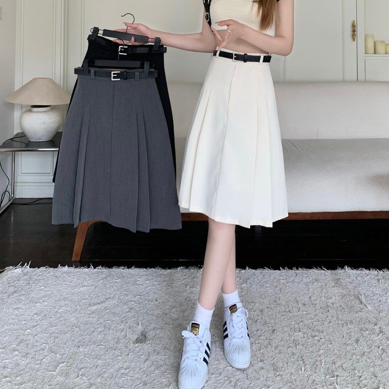大码半身裙胖mm高腰小个子学院风a字裙中裙灰色西装百褶裙中长款