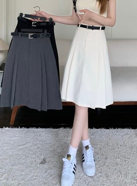 大码半身裙胖mm高腰小个子学院风a字裙中裙灰色西装百褶裙中长款