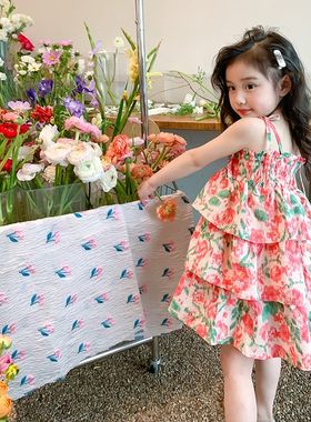 女童吊带连衣裙夏装海边度假沙滩裙夏天宝宝牡丹夏季儿童碎花裙子
