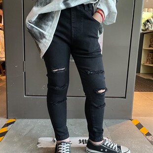 童装男童牛仔黑色破洞小脚修身裤子简约宝宝铅笔裤2023春儿童长裤
