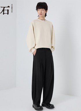 RS流石男装黑色宽松阔腿弯刀裤2025年春季新款男士时尚休闲长裤子