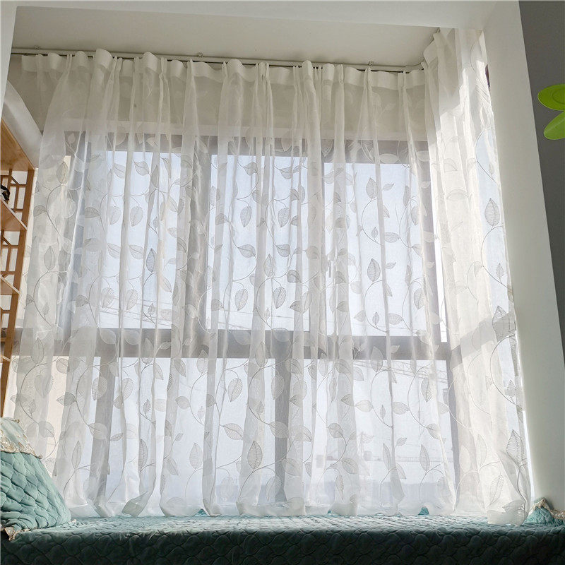 免打孔魔术贴窗帘窗纱帘叶子小清新自粘式北欧简约卧室窗帘布白色