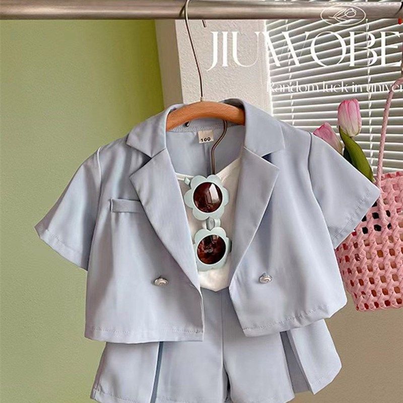 韩国童装套装夏季新款儿童防晒短袖西装外套吊带阔腿短裙裤三件套