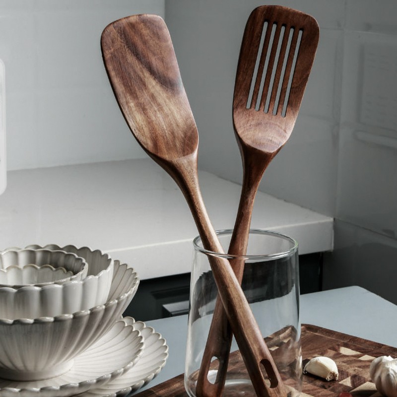 柚木长柄锅铲 木质不粘锅铲家用炒菜铲子厨房木铲子漏铲厨具套装