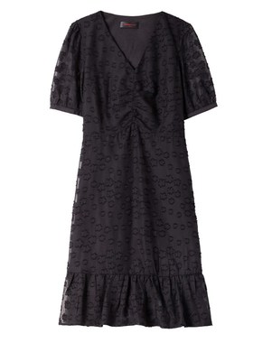 大码女装夏季新款黑色提花雪纺A字裙子收腰显瘦胖MM气质V领连衣裙