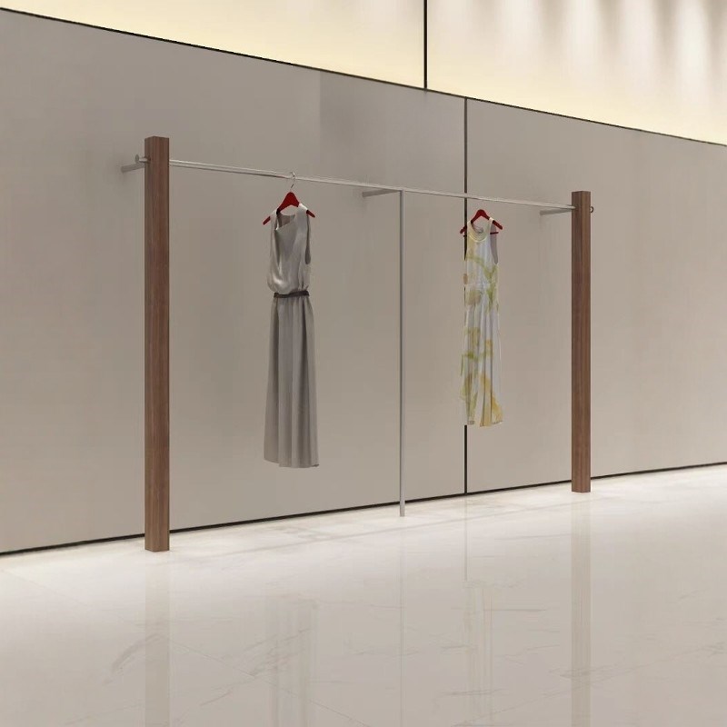 服装店展示架女装店落地货架胡桃实木上墙挂衣杆原木色陈列架厂家