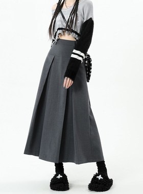 胖mm梨型身材灰色大码半身裙子高腰百褶a字大摆裙遮肚显瘦遮胯宽