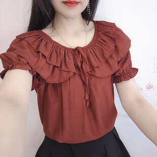 荷叶边一字领红色短袖雪纺衬衫夏季大码女装洋气小衫宽松显瘦上衣