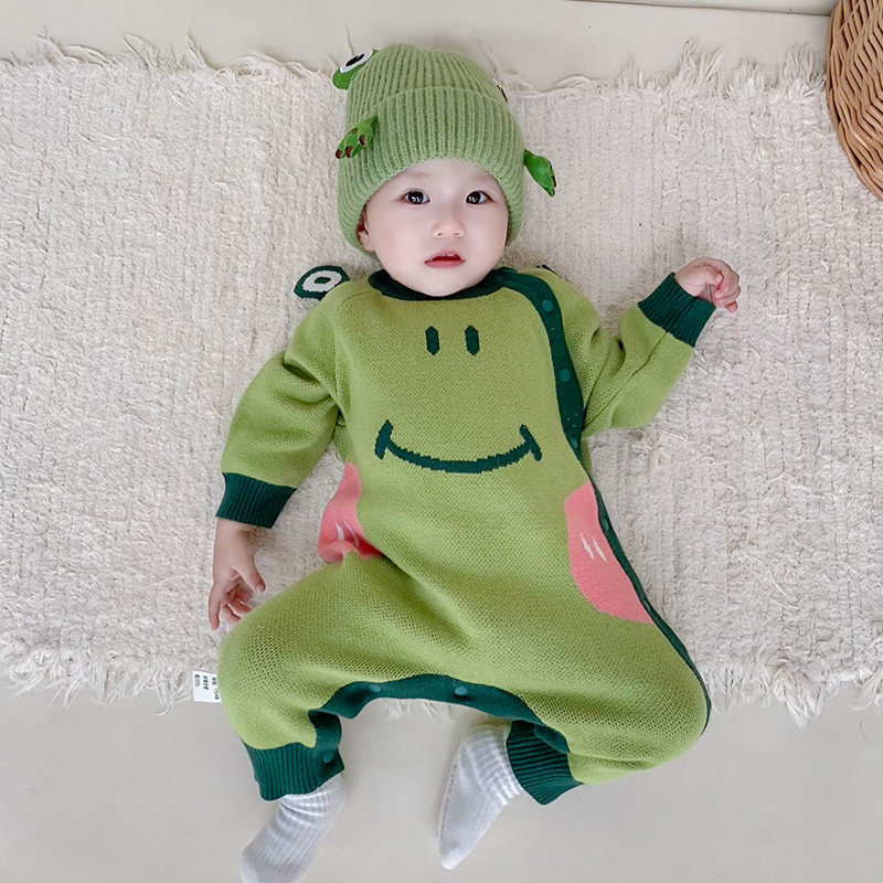 婴儿毛衣婴孩卡通可爱蛙蛙针织开衫连身衣外出服套装满月周岁爬服