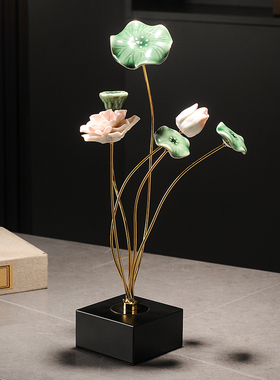 新中式荷花清新雅致摆件陶瓷高档工艺品茶室客厅玄关轻奢装饰品