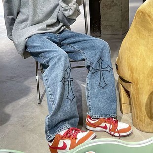 童装夏季十字架牛仔裤男直筒宽松vibe风裤子2023新款系绳阔腿长裤