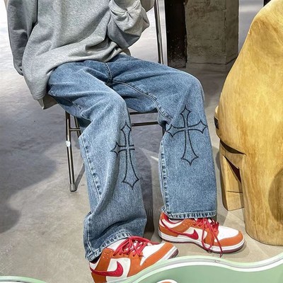 童装夏季十字架牛仔裤男直筒宽松vibe风裤子2023新款系绳阔腿长裤