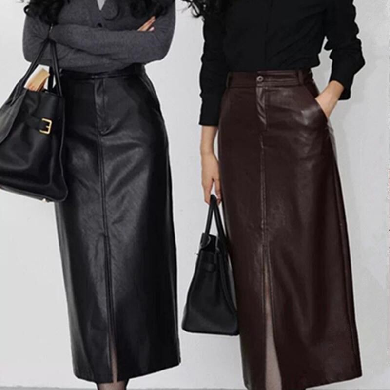 安可拉红PU皮裙中长款高级感气质包臀裙女士秋冬大码前开叉半身裙