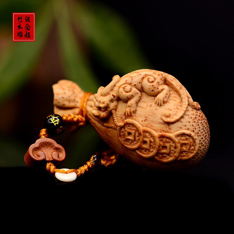 竹根雕螭龙钱袋手把件 竹雕貔貅福袋把玩件 纯手工雕刻 招财进宝