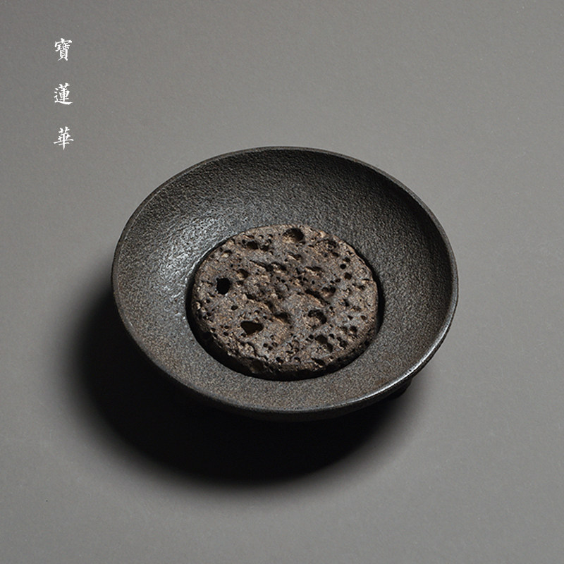 三足圆钵玄武岩火山石垫壶承 手工石雕茶托茶台干泡茶盘 养壶托盘