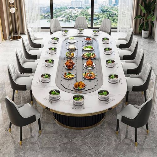 酒店餐桌饭店会所包厢椭圆形电动饭桌20人长方形自动旋转餐桌