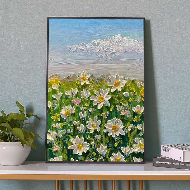 小清新手绘奶油风玄关挂画客厅装饰画花卉植物落地沙发背景肌理画