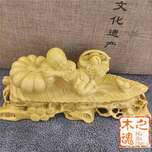黄杨木雕刻中式玄关童男家居装饰品汽车摆件好年头满载而归工艺品