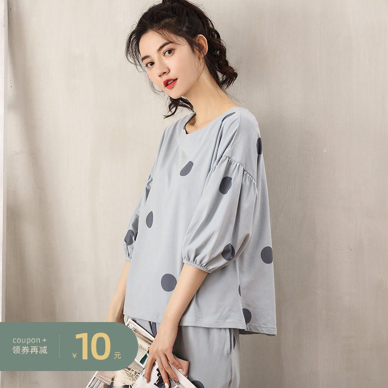 睡衣女士夏季薄款纯棉七分袖学生韩版全棉春秋中袖家居服两件套装