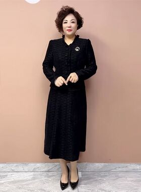 假两件妈妈连衣裙秋冬新款加厚时尚洋气遮肚子显瘦长款大码连衣裙