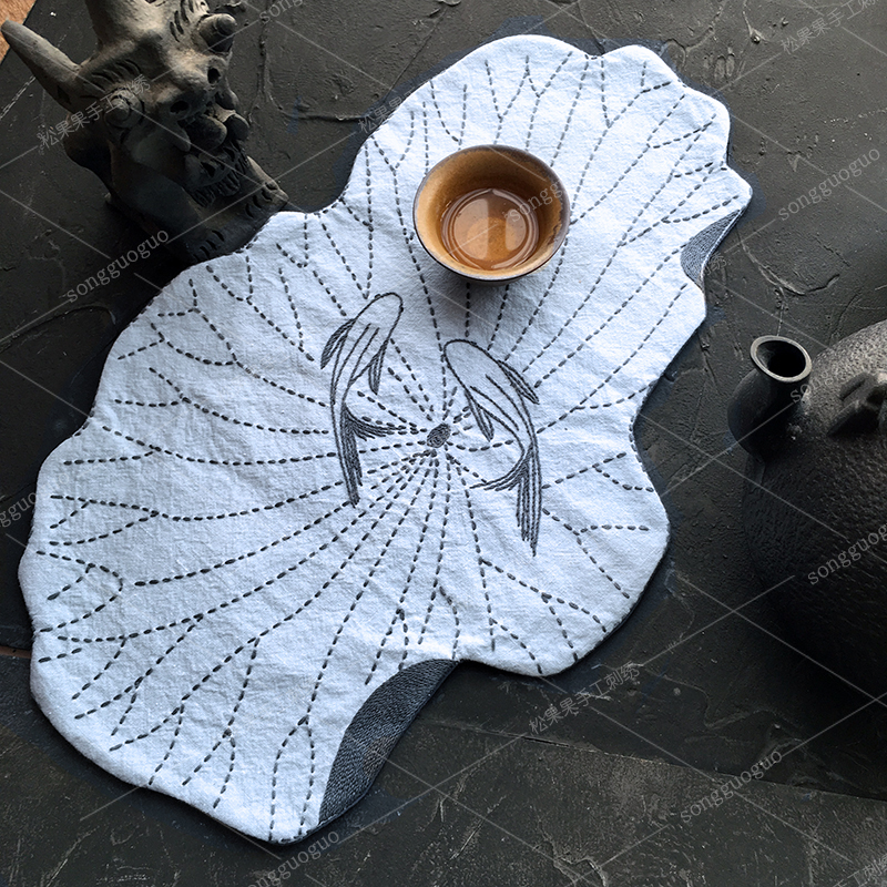 鱼戏荷手工DIY刺子绣新手初学创意布艺欧绣绣花茶席装材料包