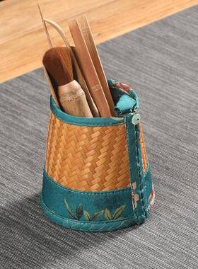 纯手古工竹编大漆茶筒笔筒锦缎六君子收纳68422筒复中式具道茶茶