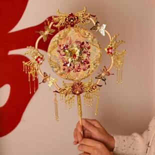 ?双面双禾款团扇送中新娘结婚礼出嫁成品Fh(x}x}h秀喜扇礼式扇子