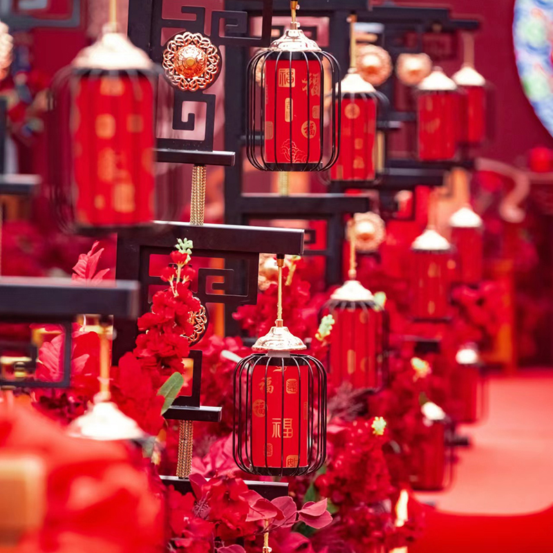 新中式婚庆道具铁艺三联灯笼路引舞台布置汉唐宫灯道具屏风装饰灯