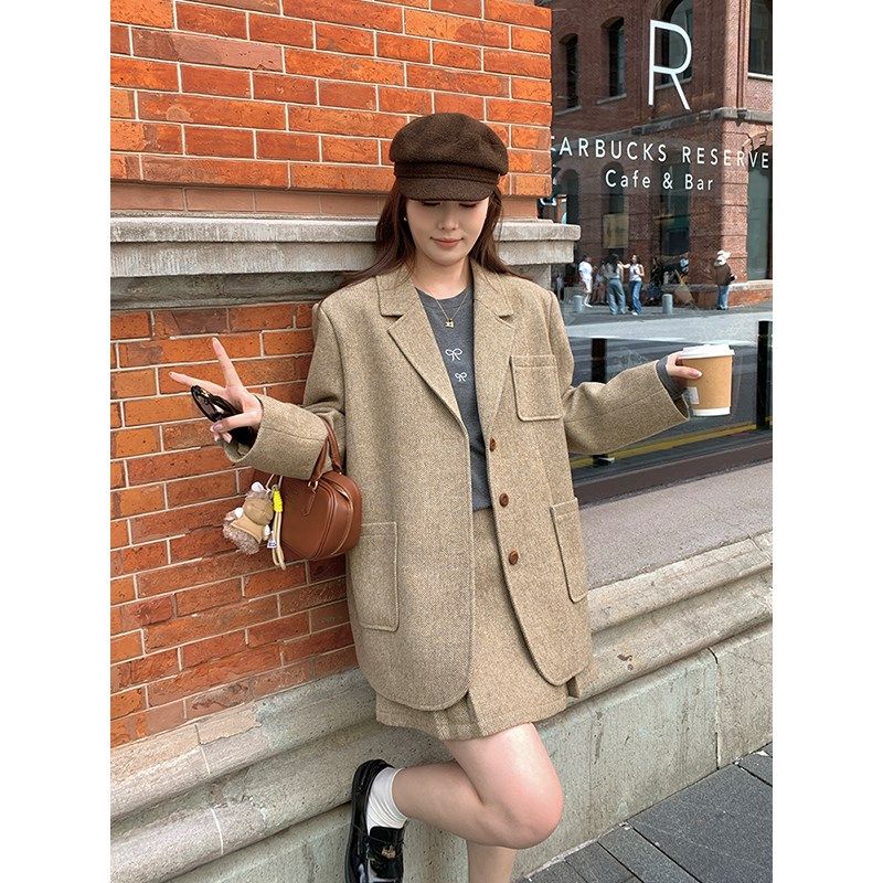 NAZ那子大码秋冬新款羊毛西装外套胖mm复古英伦洋气显瘦A字裙套装