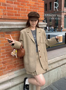 NAZ那子大码秋冬新款羊毛西装外套胖mm复古英伦洋气显瘦A字裙套装