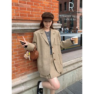 NAZ那子大码秋冬新款羊毛西装外套胖mm复古英伦洋气显瘦A字裙套装