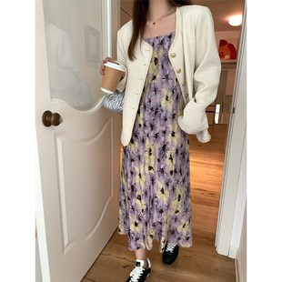 NAZ那子大码春季新款高腰时尚气质波纹水彩花胖mm百褶吊带连衣裙