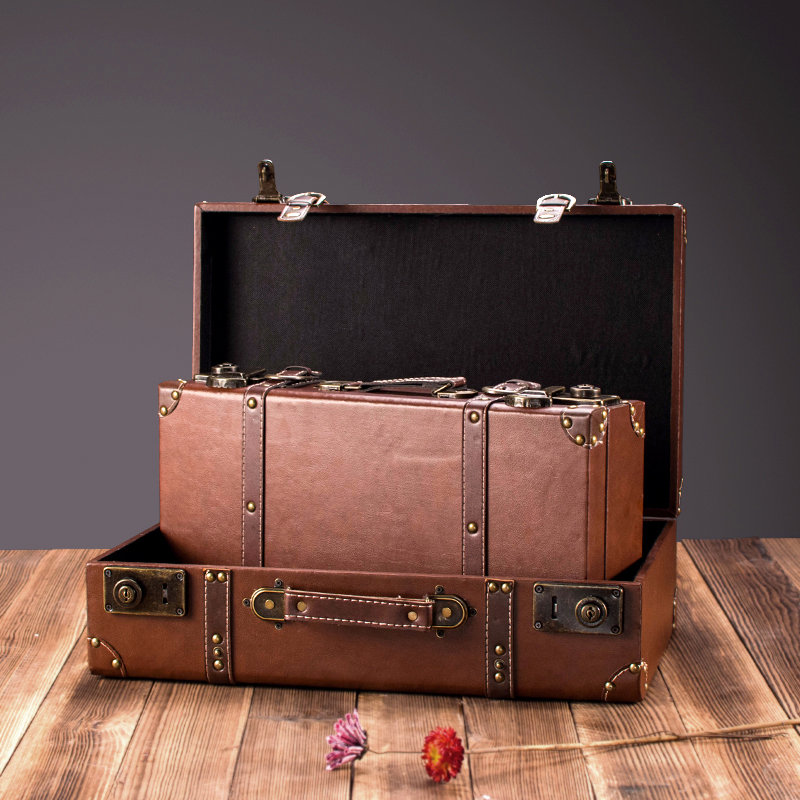 欧式复古手提箱木箱子道具箱子做旧箱仿古皮箱装饰品摆件橱窗陈列