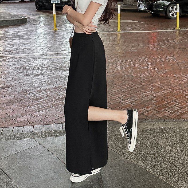 西装半身裙女黑色长款侧开叉长裙夏季薄款垂感直筒裙高腰显瘦裙子