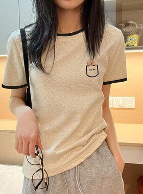 2025夏季新款撞色圆领设计感内搭米灰色打底衫纯棉色领短袖t恤女