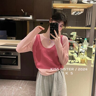 KISS SISTER气质温柔风假两件拼接上衣女2024早秋新款宽松长袖T恤