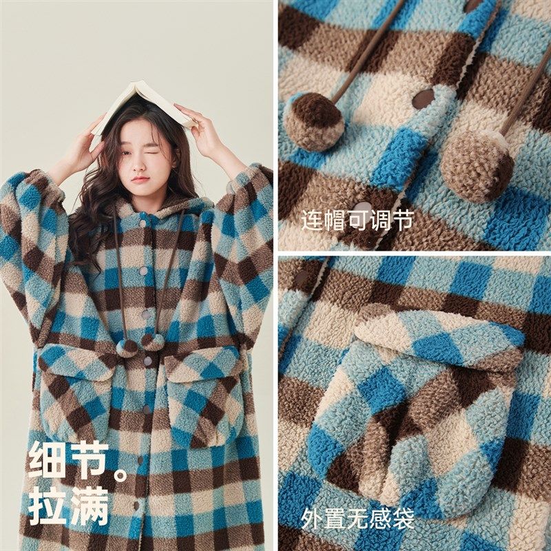 安之伴【巨保暖】连帽格子珊瑚绒睡袍女秋冬款宽松家居服中长睡裙,女士内衣/男士内衣/家居服,睡袍/浴袍,淘宝优惠券,粉丝福利购,淘宝优惠卷