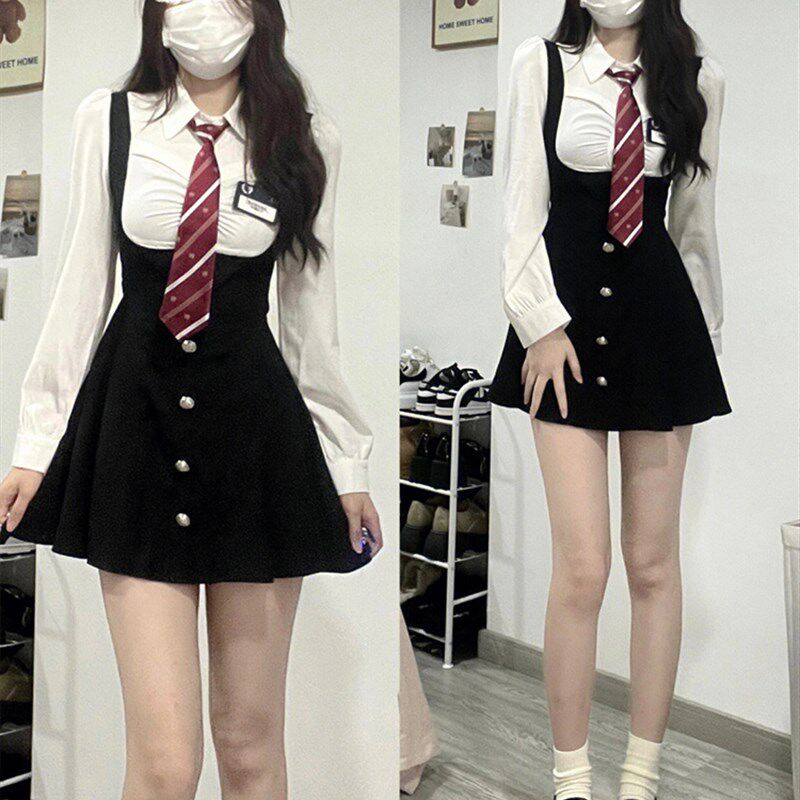学院风jk制服套装美式收腰显瘦假两件连衣裙女春夏长袖衬衫新款