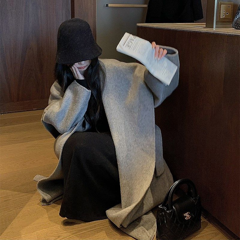 法式气质风粉色v领a字毛衣针织连衣裙修身中长款裙子收腰性感长裙