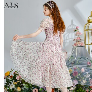 艾丽丝2025夏季新款仙气短袖连衣裙女优雅网纱碎花中长款公主裙子