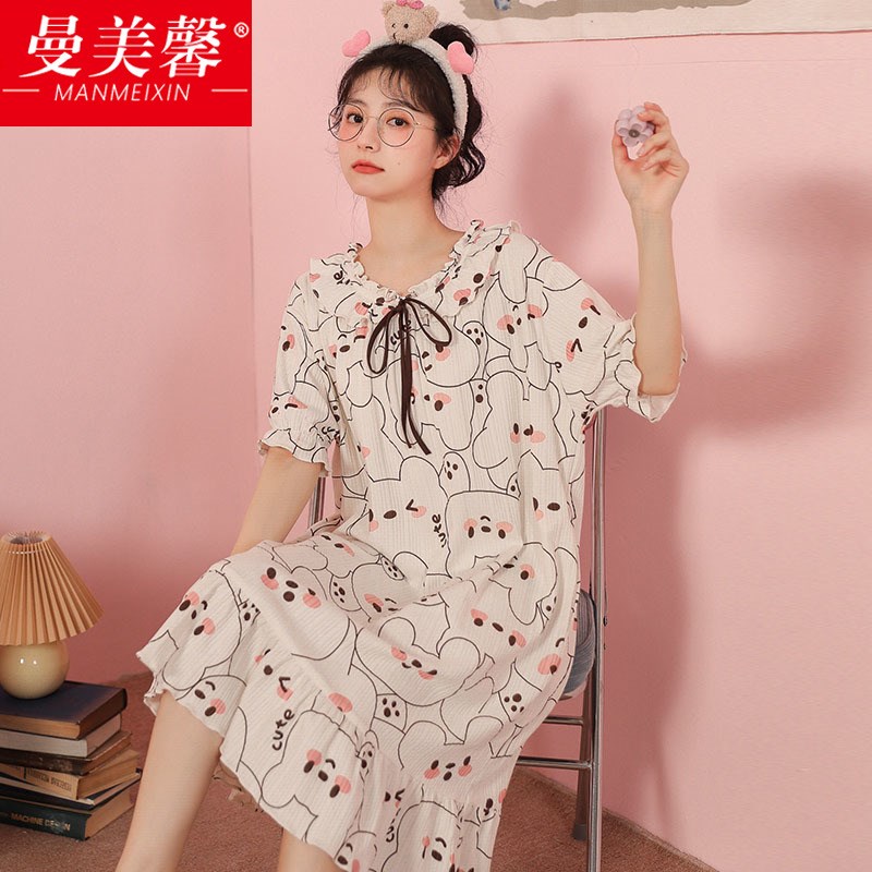 睡裙女夏季纯棉短袖薄款连衣裙家居服加大码胖mm200斤宽松睡衣女