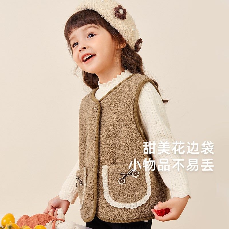 女童马甲3小童冬季保暖摇粒绒马甲宝宝加绒花边秋装5儿童时髦背心