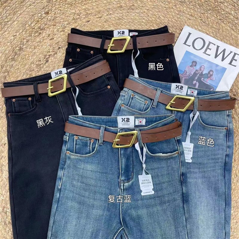 x2加绒加厚铅笔烟管裤女2023冬季新款修身显瘦高腰弹力紧身牛仔裤