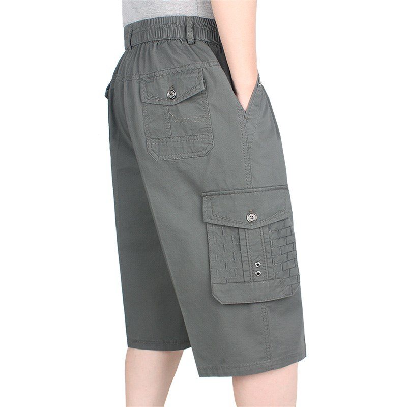纯棉水洗多口袋中年男士七分裤爸爸装夏季薄款短裤宽松大码休闲裤