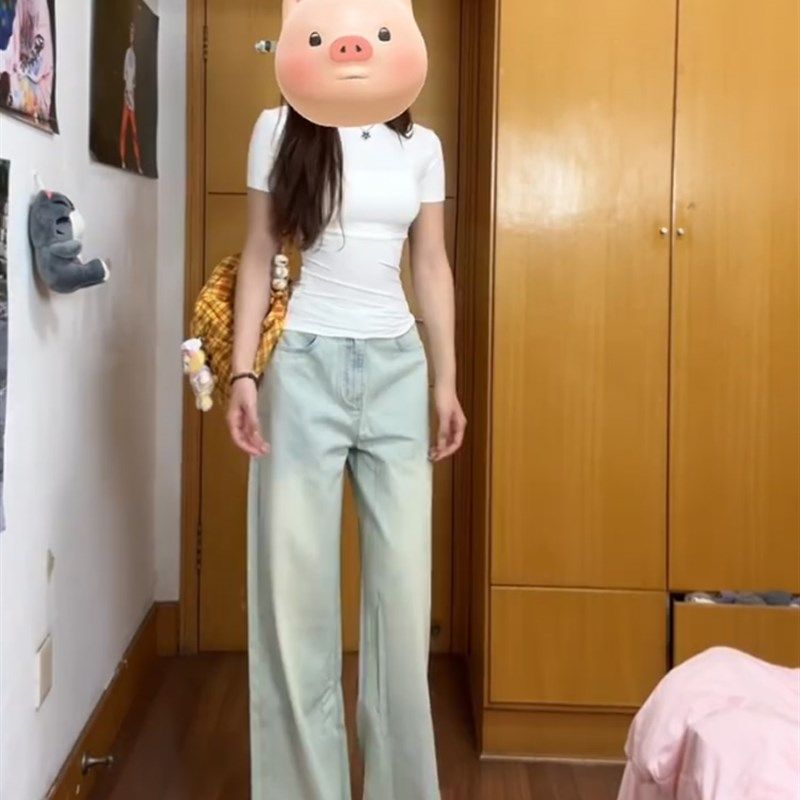 美式怀旧浅色高腰牛仔裤女夏季2024薄款宽松直筒垂感小个子阔腿裤