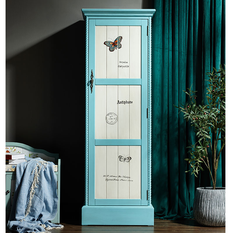 美式实木单门小衣柜女孩带镜子卧室衣橱儿童柜子阳台储物柜彩绘